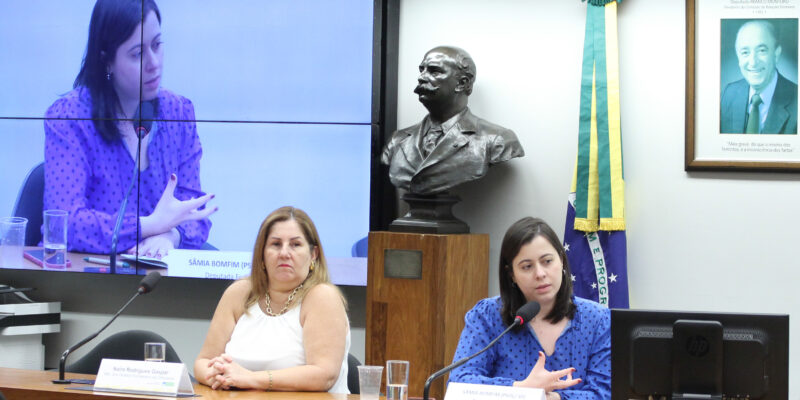 A imagem mostra uma sala de conferências ou reunião, onde duas mulheres estão sentadas à mesa. À esquerda, está uma mulher de cabelo loiro, vestindo uma blusa branca sem mangas. À direita, está uma mulher de cabelo escuro, vestindo uma blusa azul com bolinhas, que está falando ao microfone. Na parede atrás delas, há uma grande tela que exibe a imagem da mulher de blusa azul, sugerindo que ela está participando de uma transmissão ou videoconferência. Ao lado da tela, há um busto de uma figura masculina e uma bandeira do Brasil. Na parede, também há um retrato emoldurado de um homem mais velho. Na mesa, há copos de água e placas de identificação para cada uma das mulheres.