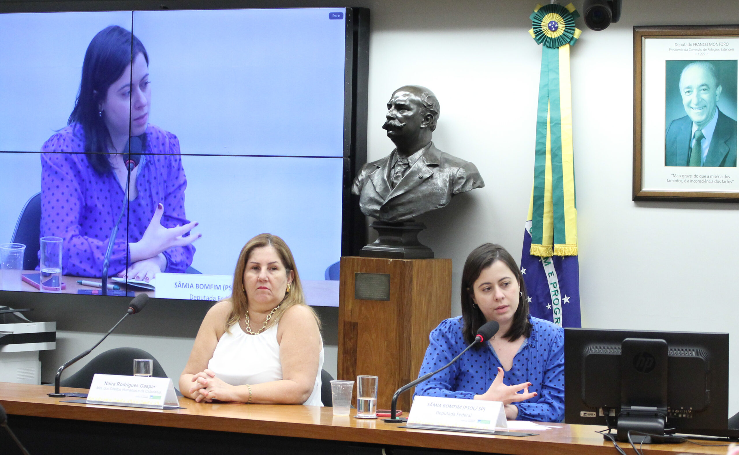 A imagem mostra uma sala de conferências ou reunião, onde duas mulheres estão sentadas à mesa. À esquerda, está uma mulher de cabelo loiro, vestindo uma blusa branca sem mangas. À direita, está uma mulher de cabelo escuro, vestindo uma blusa azul com bolinhas, que está falando ao microfone. Na parede atrás delas, há uma grande tela que exibe a imagem da mulher de blusa azul, sugerindo que ela está participando de uma transmissão ou videoconferência. Ao lado da tela, há um busto de uma figura masculina e uma bandeira do Brasil. Na parede, também há um retrato emoldurado de um homem mais velho. Na mesa, há copos de água e placas de identificação para cada uma das mulheres.