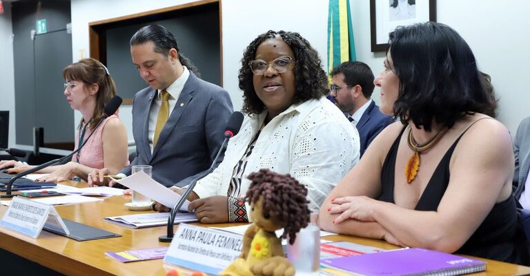 A imagem mostra uma reunião em uma sala de conferências com várias pessoas sentadas em uma mesa. No centro, uma mulher negra com óculos fala ao microfone. Ao redor dela, há outras pessoas, incluindo um homem de terno e duas mulheres. Na mesa, há uma placa com o nome "Anna Paula Fernandes" e um boneco de pano. Ao fundo, há uma bandeira do Brasil e um retrato de uma mulher. Um relógio na parede marca 14:58.