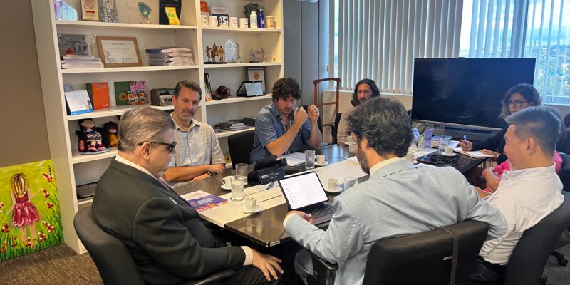 Descrição: Sala de reunião com sete pessoas sentadas ao redor de uma mesa retangular. A mesa está coberta com xícaras de café, copos de água e alguns papéis. Um dos homens está usando um laptop. Ao fundo, há uma estante com prateleiras cheias de livros, troféus e objetos decorativos. Na parede à esquerda, há uma pintura de uma menina de vestido rosa em um campo de flores. As janelas ao fundo têm persianas verticais, permitindo a entrada de luz natural. Uma televisão grande está posicionada ao lado das janelas. As pessoas parecem estar em uma discussão ou reunião de trabalho.