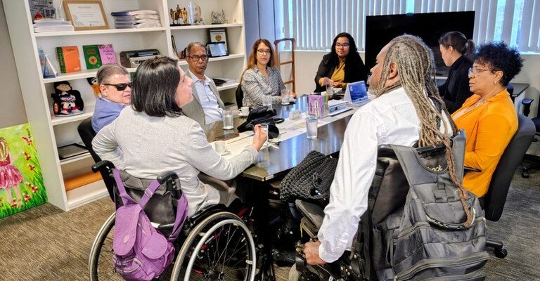 Reunião em uma sala de conferências com oito pessoas, incluindo duas em cadeiras de rodas, ao redor de uma mesa. A sala tem uma estante com livros e prêmios, e as pessoas estão discutindo ou apresentando, com copos de água na mesa.