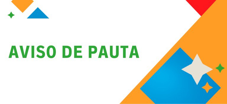 Imagem com fundo branco, elementos geométricos coloridos e o texto central “AVISO DE PAUTA” em verde.