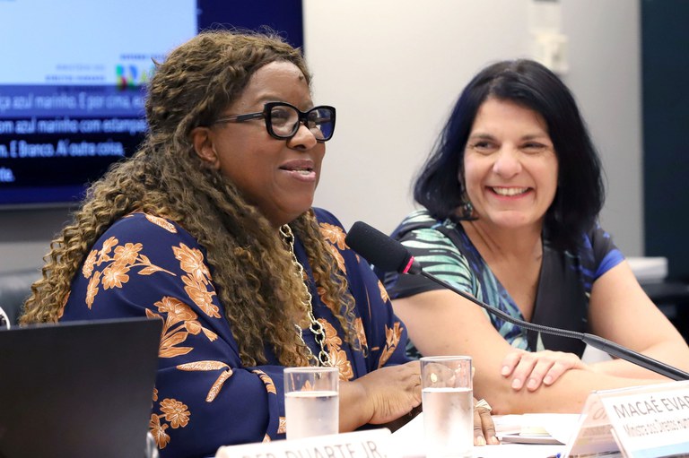 Duas mulheres estão sentadas em uma mesa de reunião. À esquerda, a Ministra Macaé Evaristo, mulher negra de óculos e cabelo cacheado, fala ao microfone sorrindo. Ao lado dela, a secretária nacional Anna Paula Feminella, mulher de pele clara e cabelo preto, também sorri. Ambas parecem participar de um evento formal, com copos de água e placas de identificação sobre a mesa.