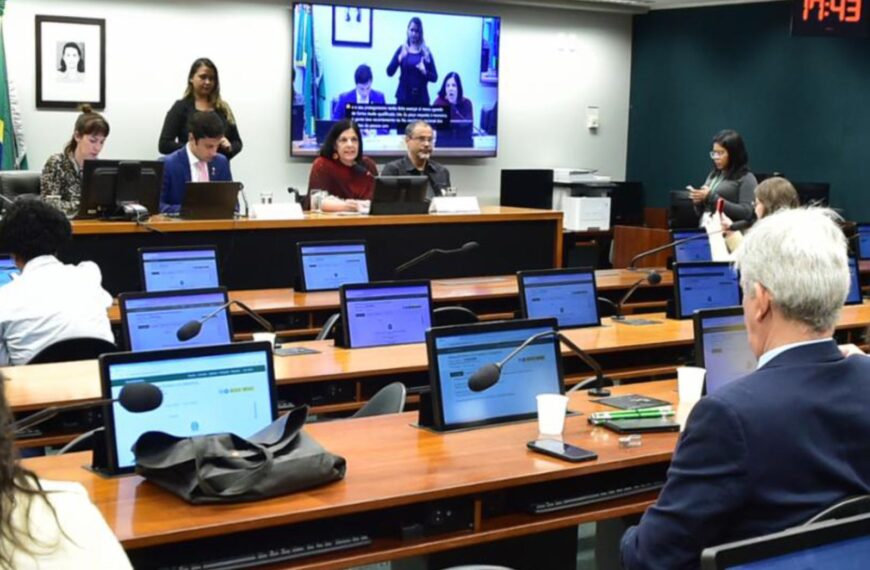 Plenário com pessoas em mesas, computadores, microfones e tela exibindo intérprete de Libras.