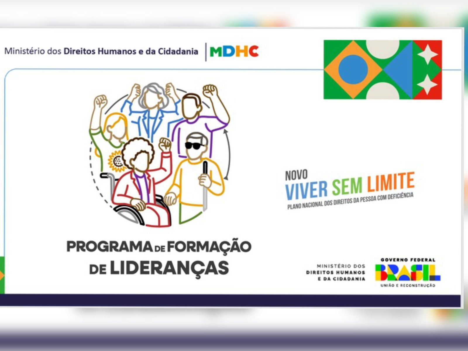 Card colorido do MDHC sobre formação de lideranças para pessoas com deficiência no Brasil.