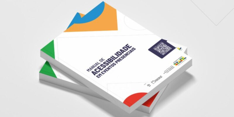 Manuais com capa branca e formas coloridas, título "Acessibilidade em Eventos Presenciais".