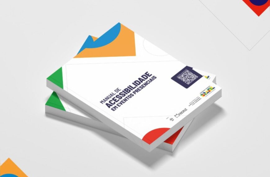 Manuais com capa branca e formas coloridas, título "Acessibilidade em Eventos Presenciais".