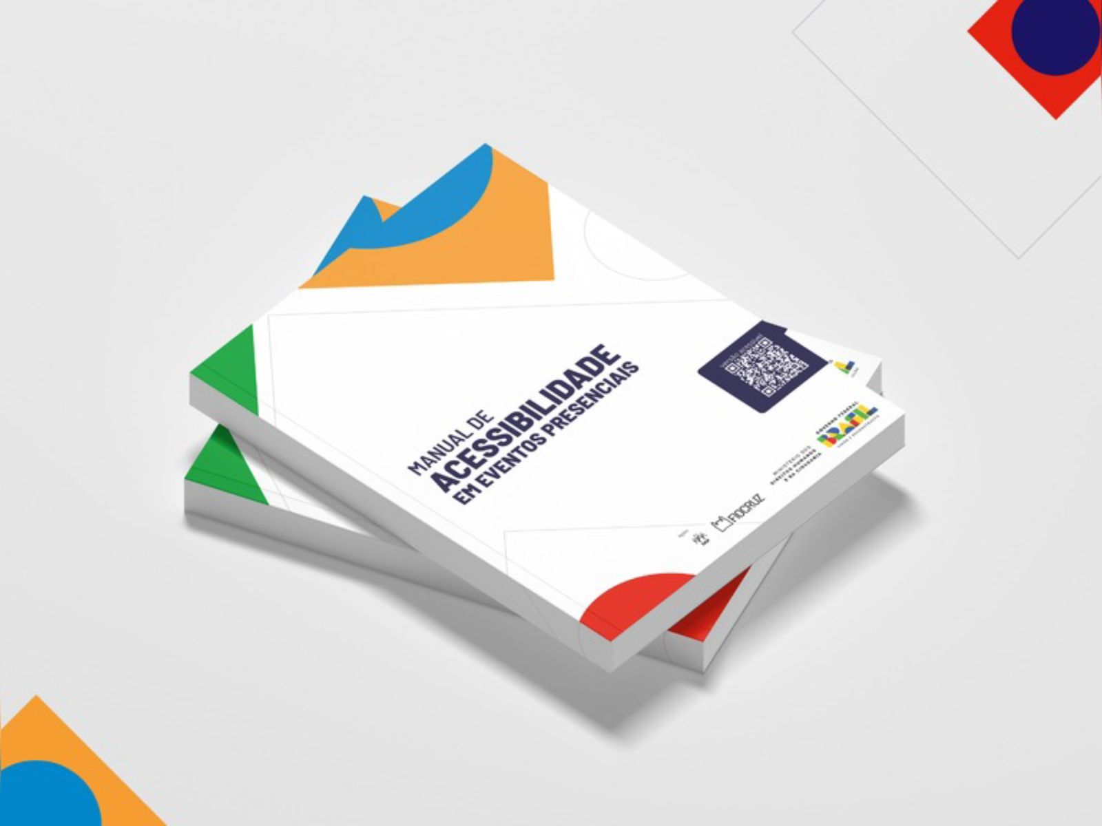 Manuais com capa branca e formas coloridas, título "Acessibilidade em Eventos Presenciais".