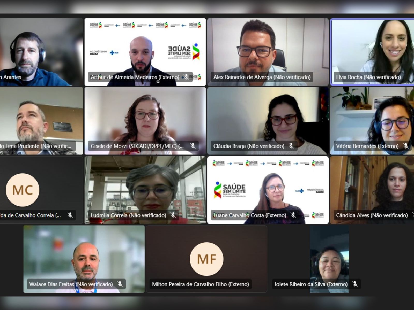 Reunião virtual com 15 pessoas, algumas com vídeo ligado e outras apenas com iniciais no perfil.