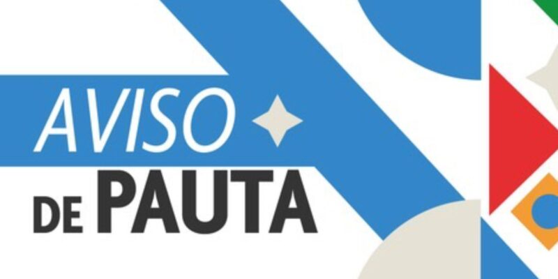 Aviso de pauta com design geométrico colorido, letras destacadas e fundo branco.