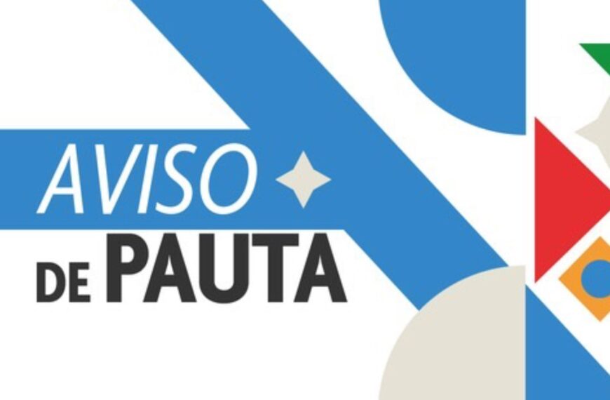 Aviso de pauta com design geométrico colorido, letras destacadas e fundo branco.