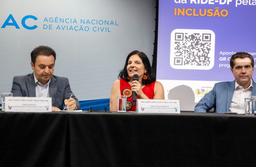 Três pessoas em mesa de evento, logo da ANAC e QR Code com “INCLUSÃO” ao fundo.