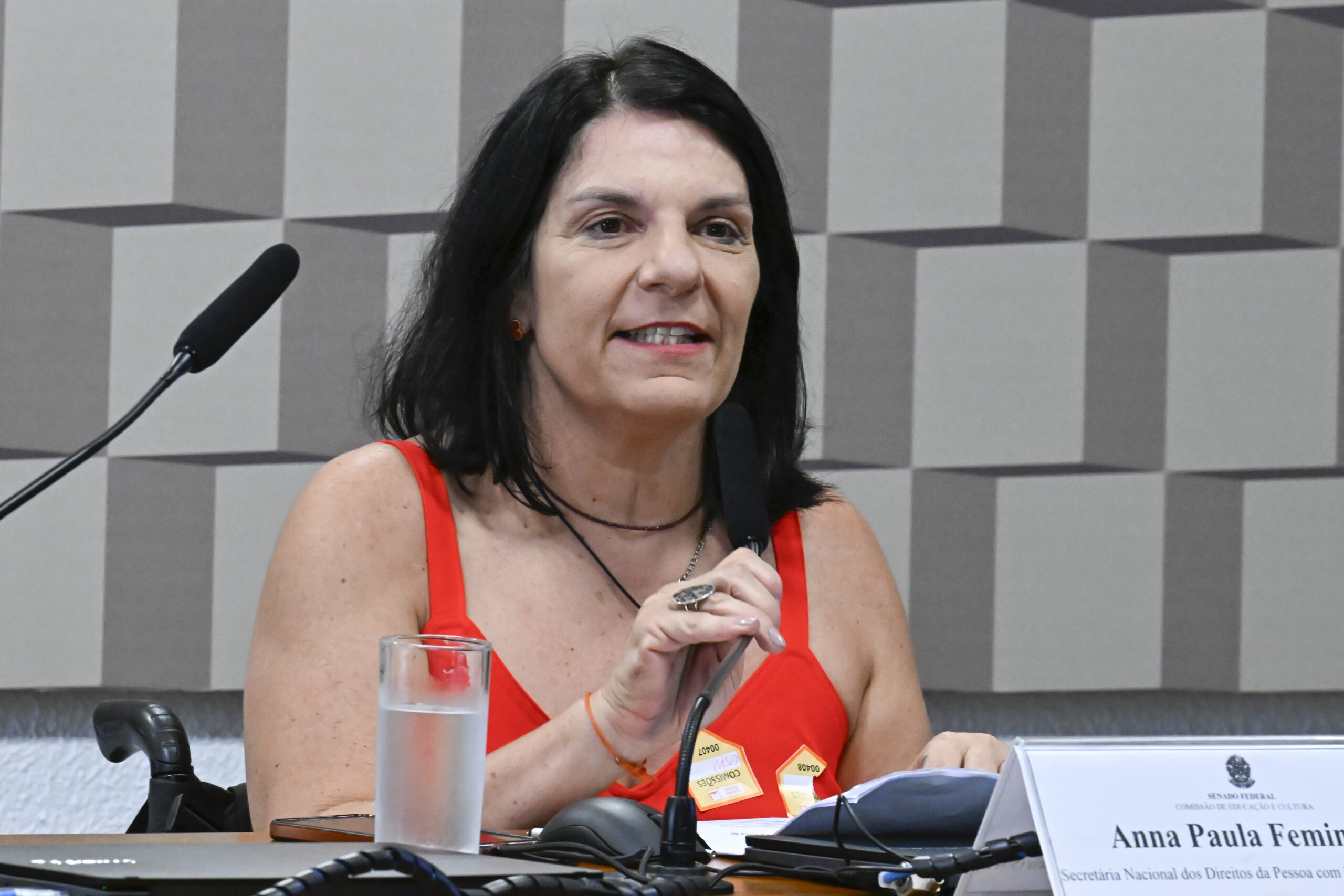 No Senado, MDHC alerta para a falta de acessibilidade nas escolas Anna Paula Feminella usa vestido vermelho, fala ao microfone em reunião, com copo d’água à sua frente.
