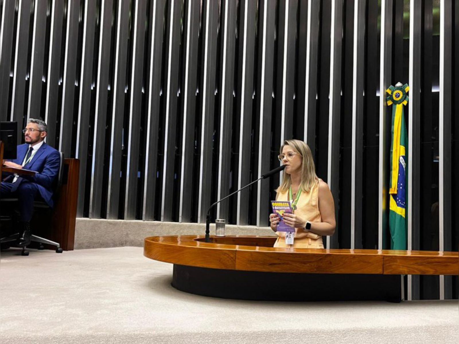 Mulher discursa em tribuna legislativa com bandeira do Brasil ao fundo; homem trabalha ao lado.
