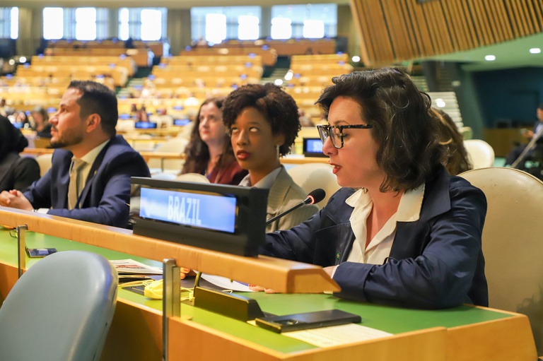 Mulher fala ao microfone durante reunião internacional, sentada à mesa da delegação brasileira.